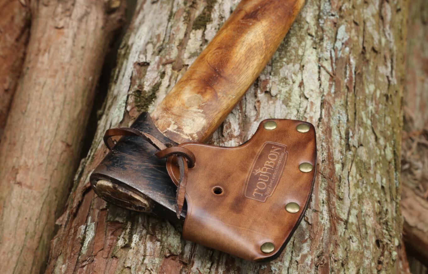 hatchet with leather sheath