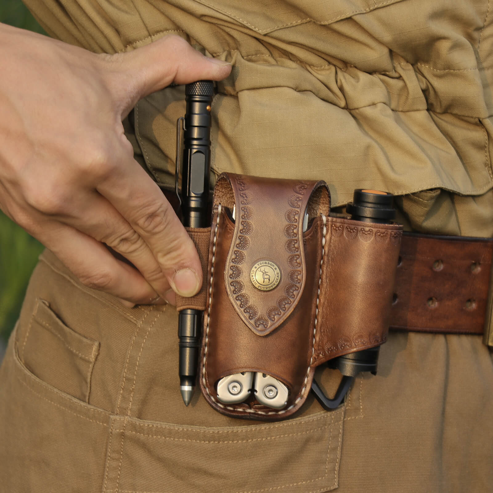 Hide & Drink, Leather Tape & Knife Holder, Marking and Measuring Pouch, Tool Case, Screwdriver Holster, Pocket Belt Pouch, Handmade (Bourbon Brown)