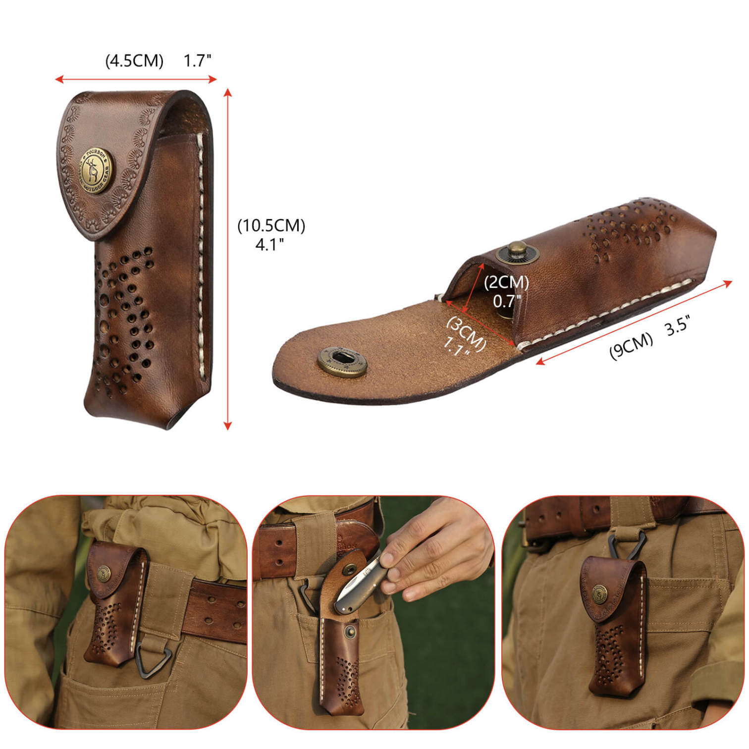TOURBON Leather Folding Knife Pouch Clip on Pocket Tool Holder