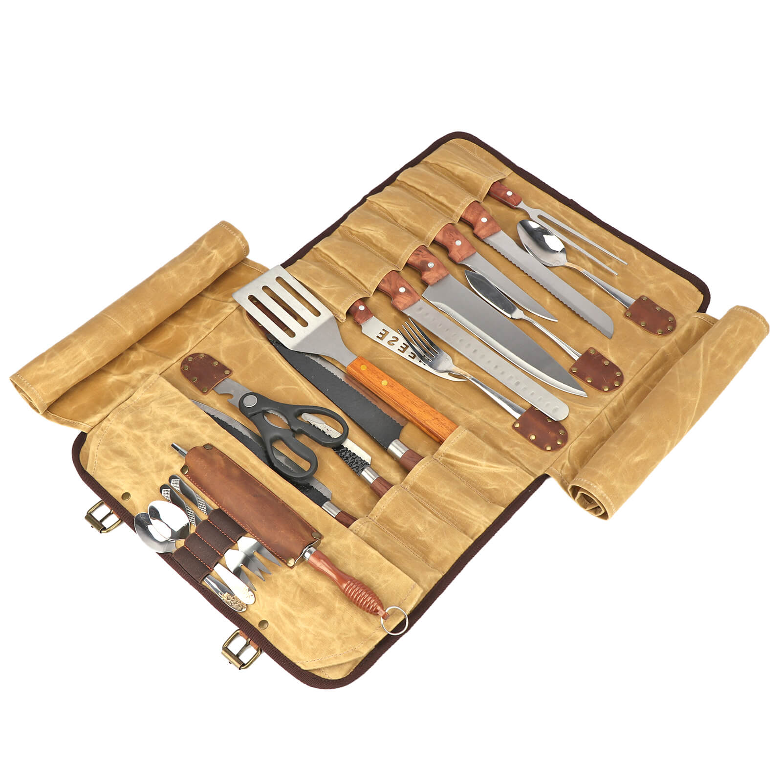 TOURBON Chefs Knife Roll Bag 12 Slots Waxed Canvas and Leather