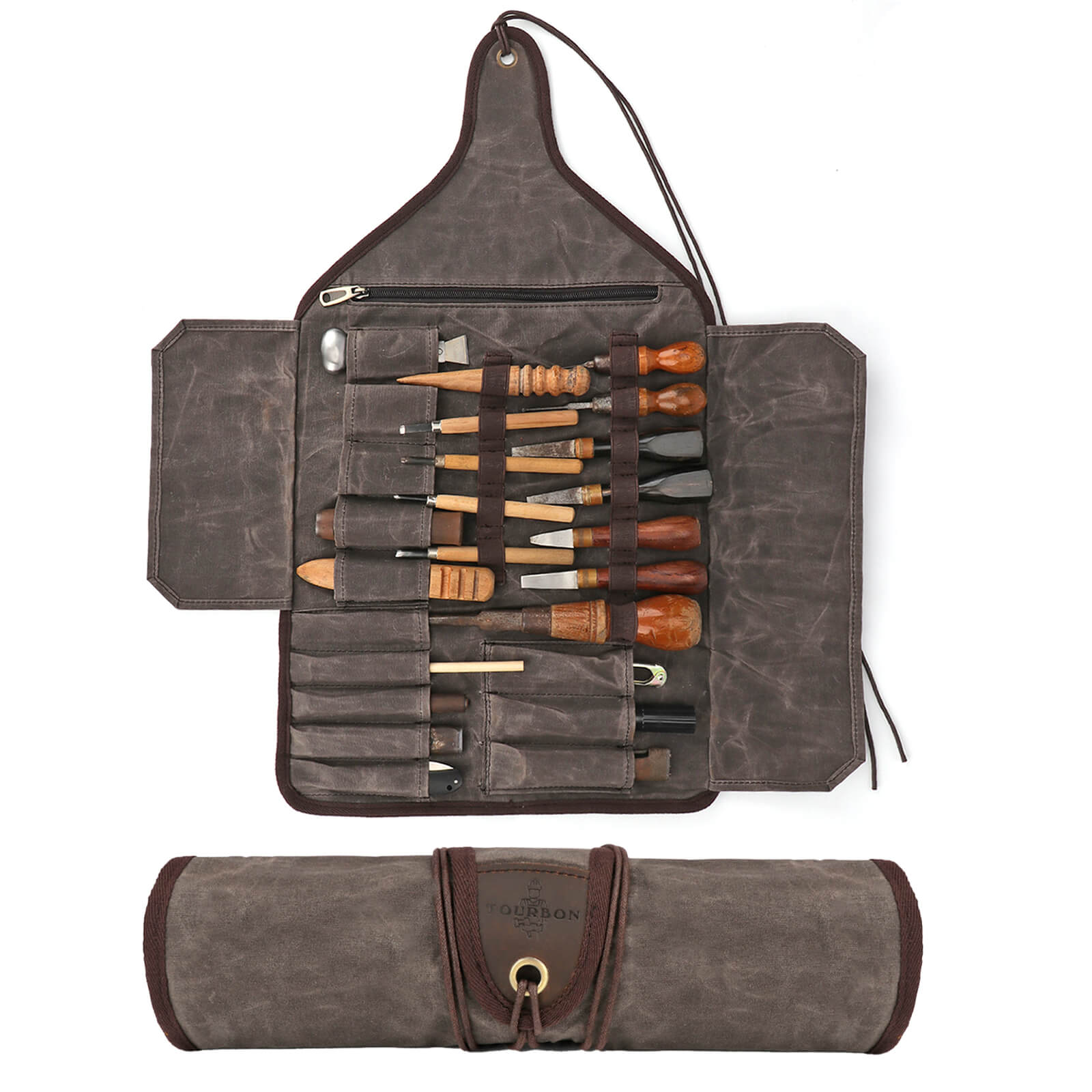 TOURBON Waxed Canvas Roll up Tool Bag Carpenter Tools Storage Pouch