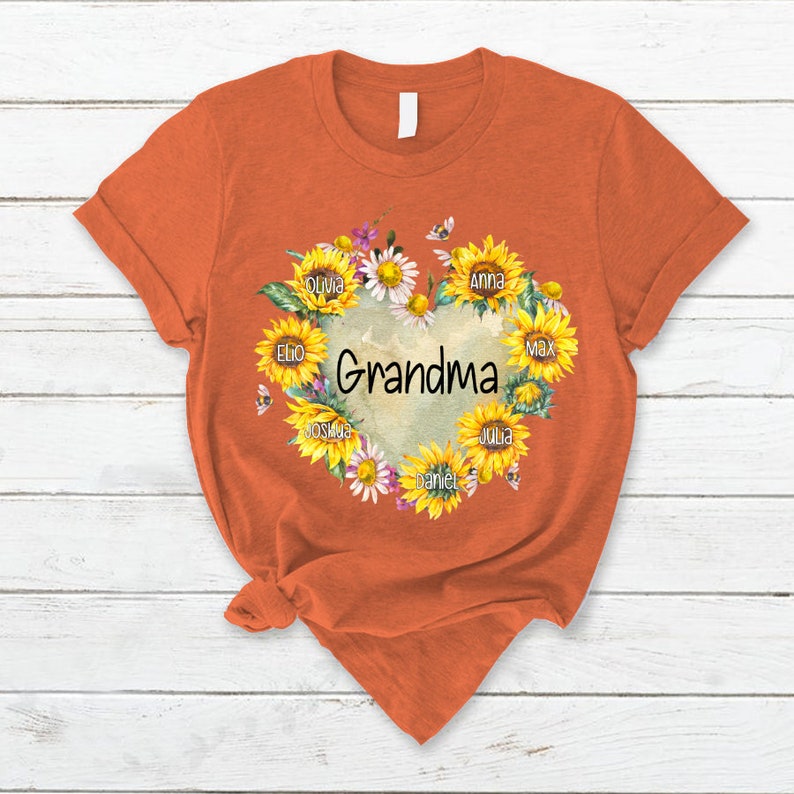 Personalized Grandma Shirt Hearts Sunflower T-Shirt with Custom Kidnames