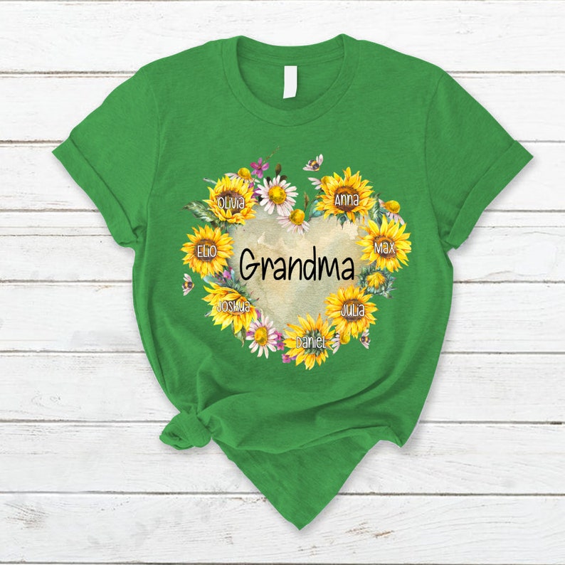 Personalized Grandma Shirt Hearts Sunflower T-Shirt with Custom Kidnames