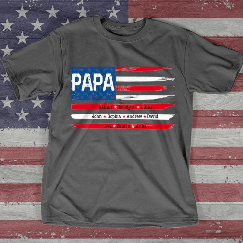 Personalized Papa Shirt Flag with grandkids, Happy Father's Day T-Shirt