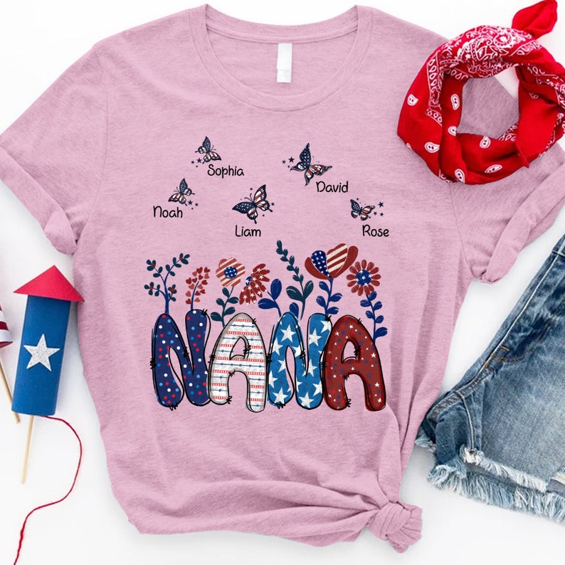 Personalized Nana Shirt, Custom 4th of july Nana with butterfly grandchild names
