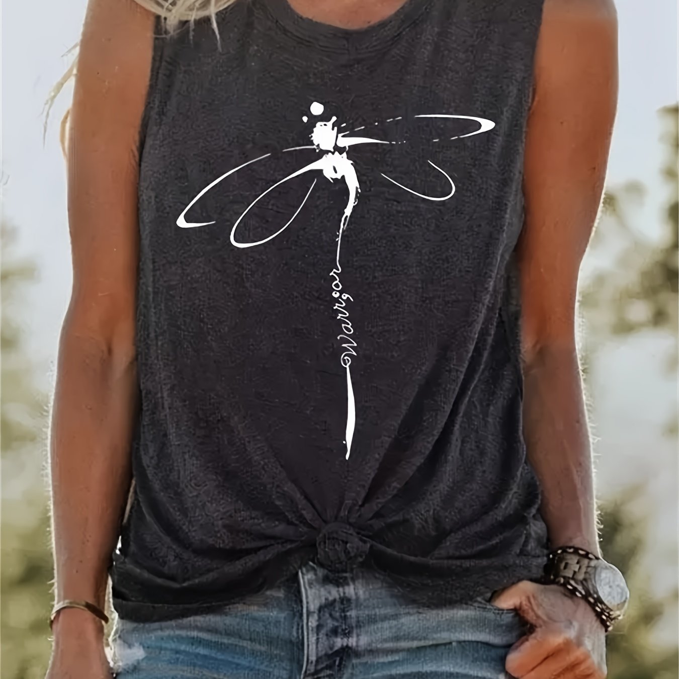 Dragonfly Print Tank Top, Casual Crew Neck Sleeveless Summer Tank Top, Women's Clothing