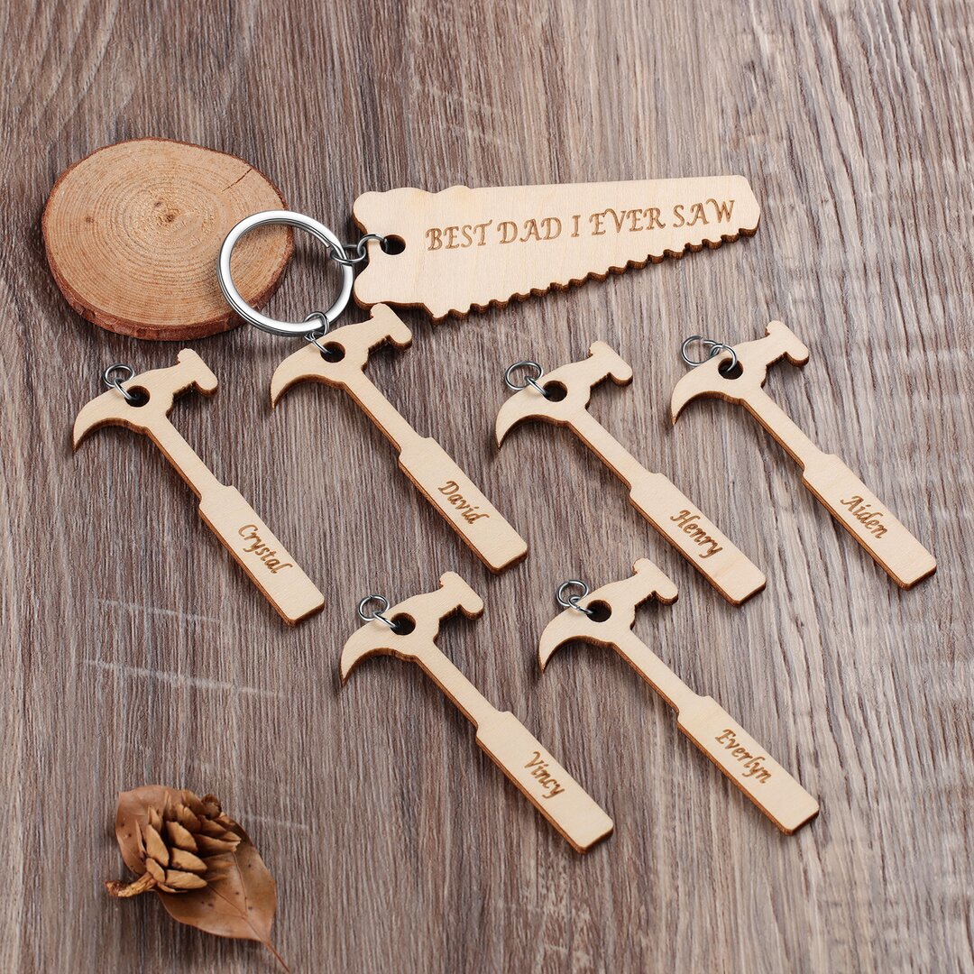 1 Name Personalized Wooden Keychain Engraved With Saw Shaped Text And 6 Hammer Names Keychain