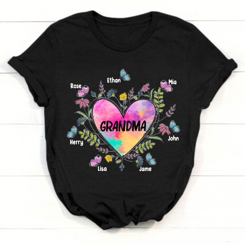 Personalized Grandma Shirt, Heart With Grandkids Flower Shirt