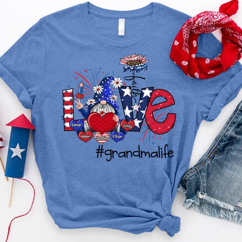 Personalized Grandma Shirt, Custom Gnomes Love Grandma Life Gnomes with Kid names, Grandma 4th of july Shirt Gnomes Tshirt, USA Gnomes Tee