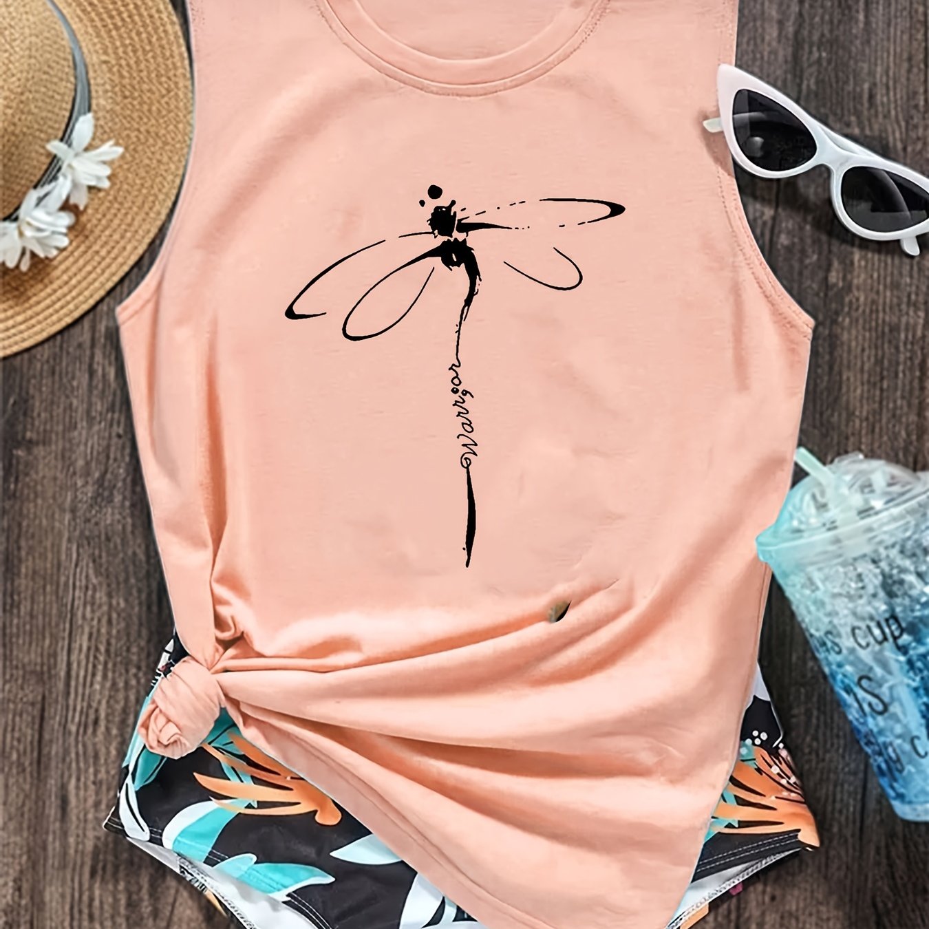 Dragonfly Print Tank Top, Casual Crew Neck Sleeveless Summer Tank Top, Women's Clothing