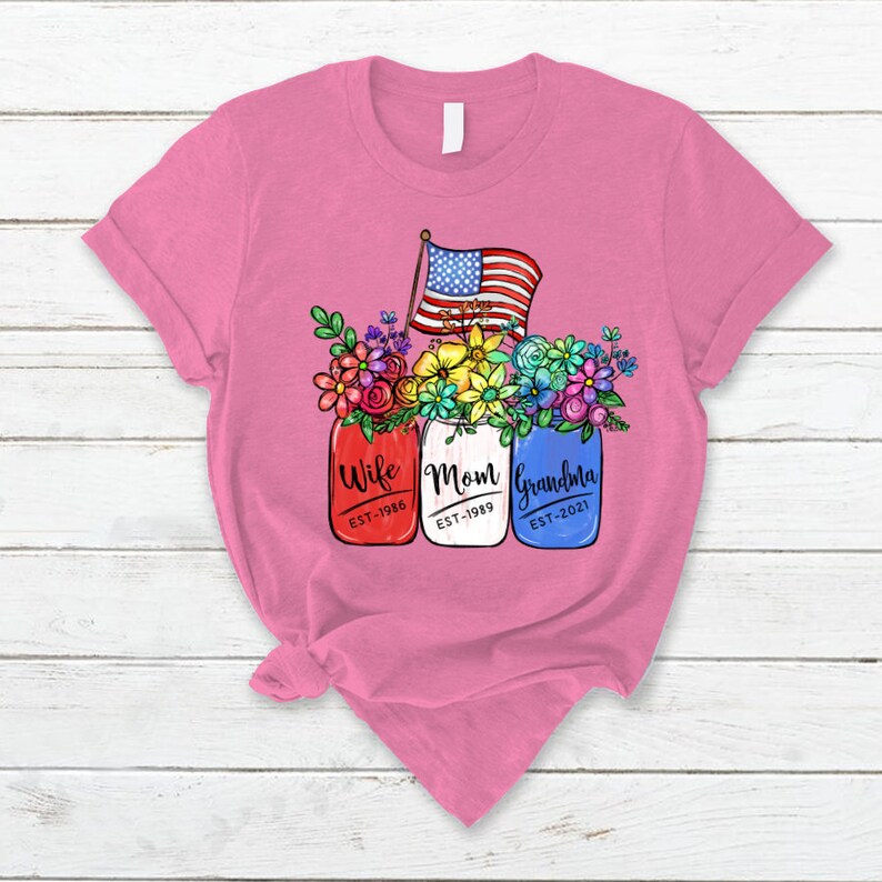 Personalized Grandma Shirt, 4th of july shirt for mother-in-law, America Flag and Rainbow Floral Peace Wife Est Mom Est Grandma Est T-Shirt