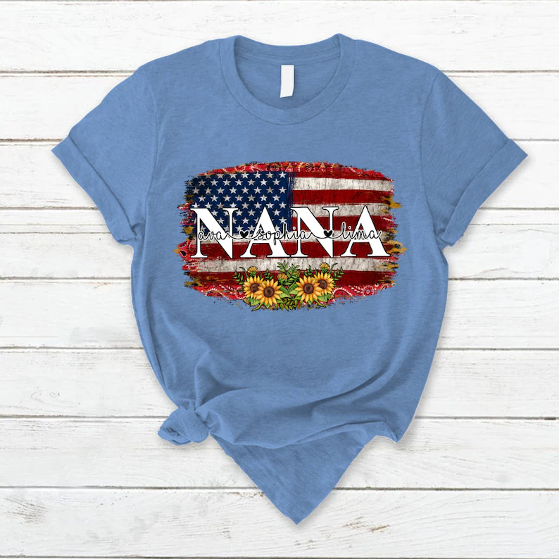 Personalized Vintage Nana Tshirt America Grandma 4th of July Shirt, America Lover Grandma with Custom Grandkid Independence Day, Custom Tee