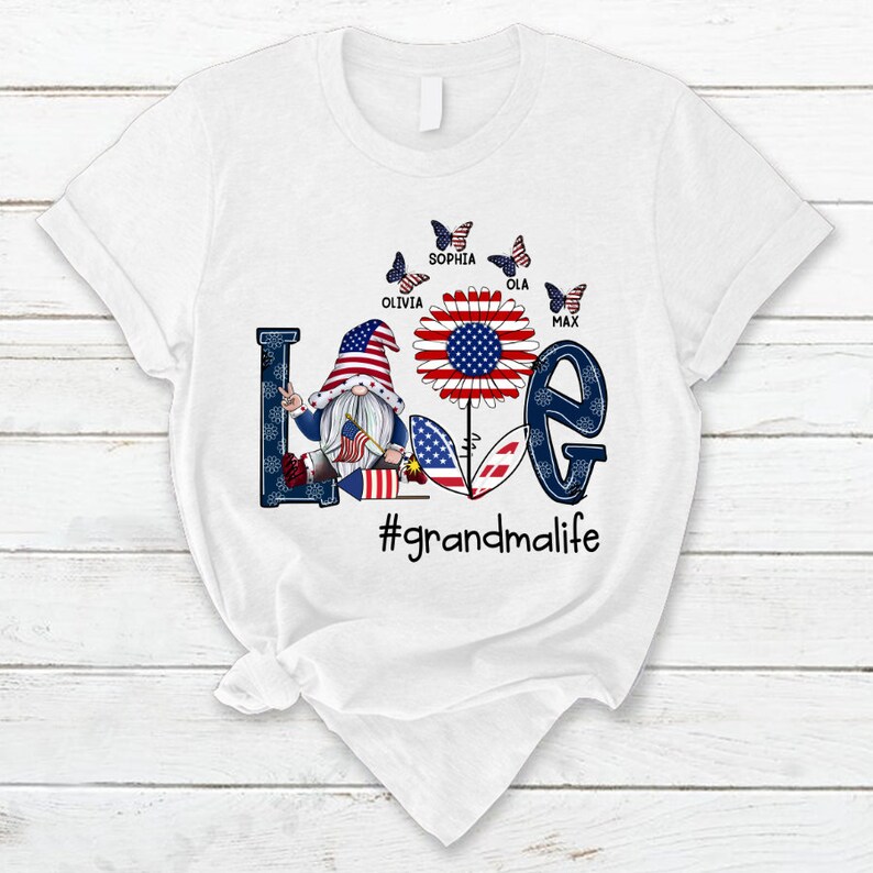 Personalized Grandma Shirt, Custom Love Grandma Life Gnomes with Kid names, Grandma 4th of july Shirt Gnomes Version Tshirt, USA Gnomes Tee