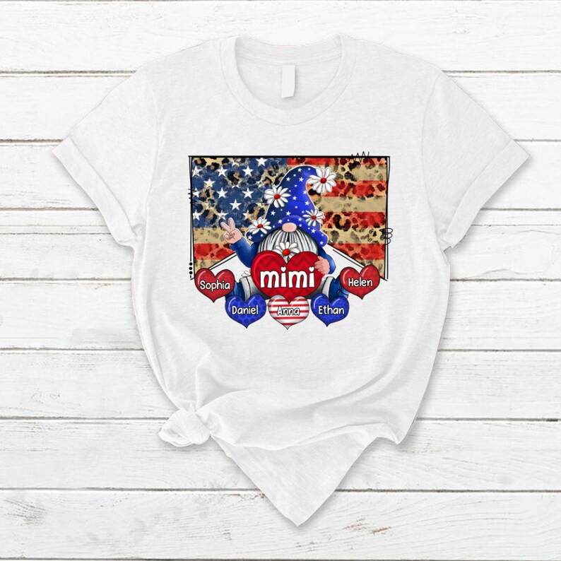 Personalized Grandma Shirt, Custom Mimi Gnomes with grandchild names, Mimi 4th of july Shirt Patriotic Gnomes Pattern Version Tshirt