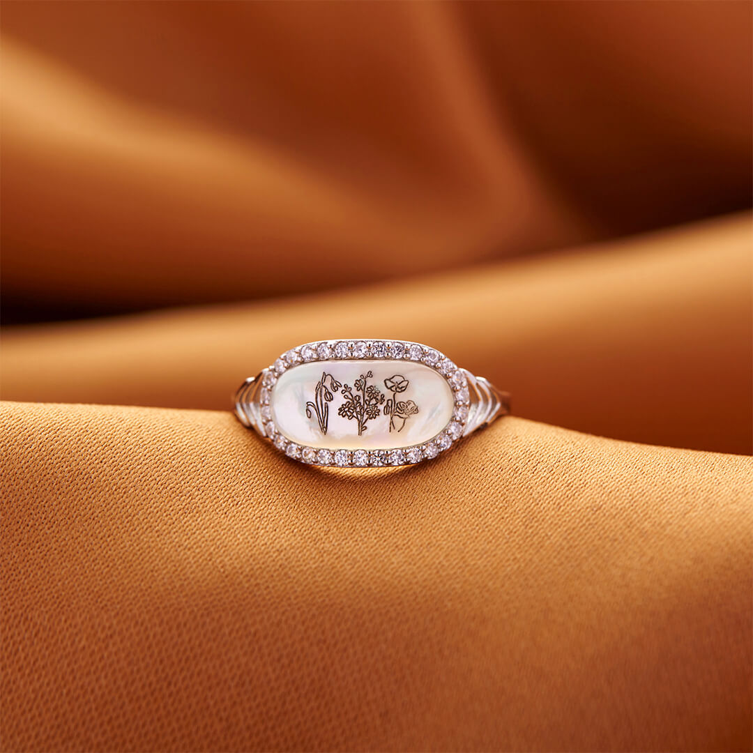 S925 ENGRAVED BIRTH MONTH FLOWERS SHELL RING