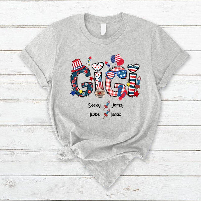 Personalized Gigi Shirt, Custom Gigi Sweatshirt with grandchild names, USA Gigi 4th of july Shirt Patriotic Doodles Pattern Version Tshirt
