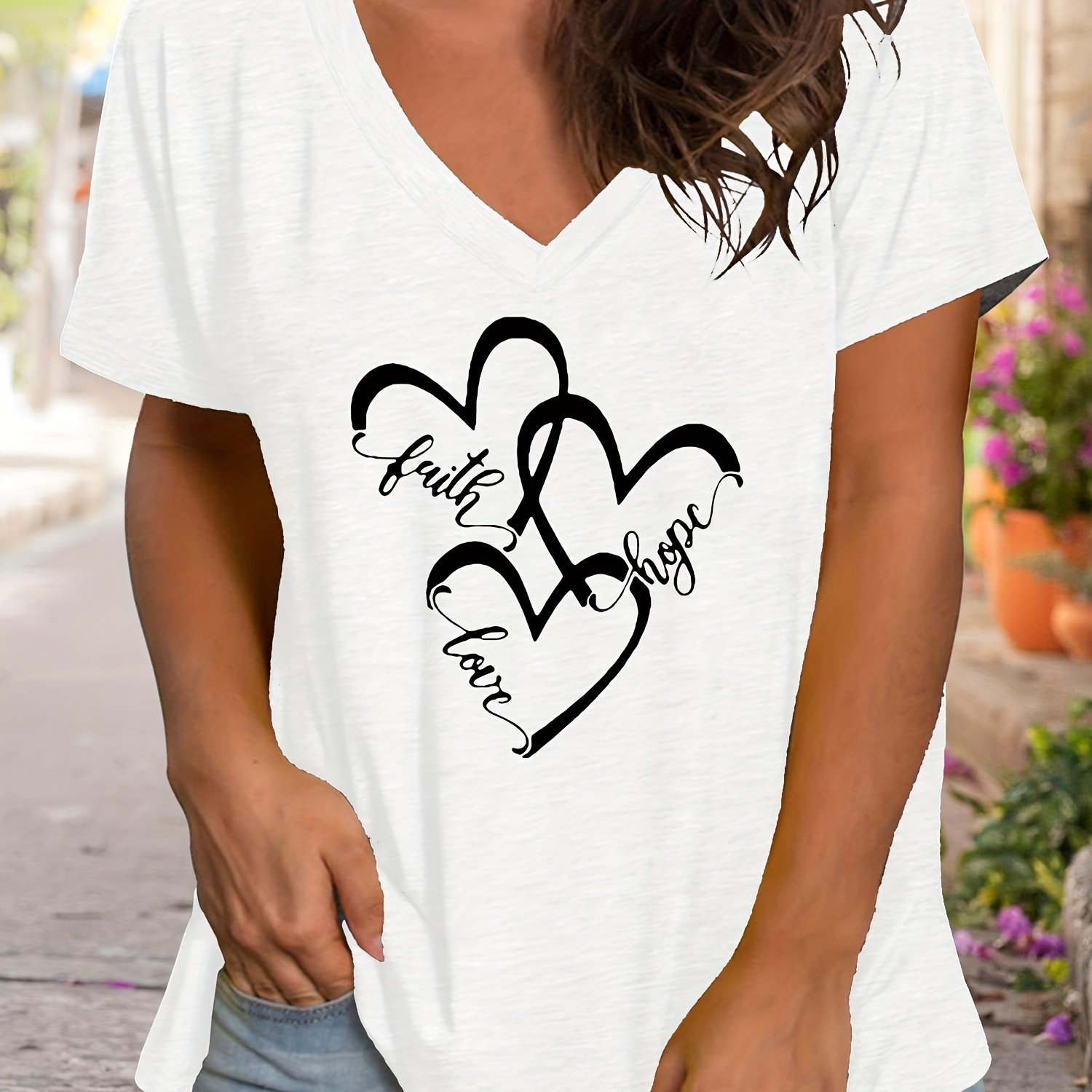 Plus Size Casual T-shirt, Women's Plus Letter Heart Print Short Sleeve V Neck Slight Stretch T-shirt