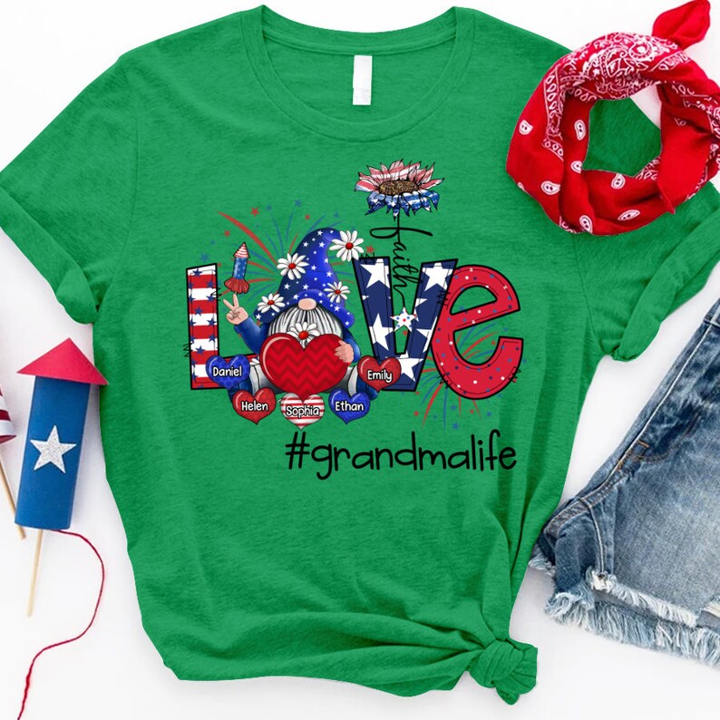 Personalized Grandma Shirt, Custom Gnomes Love Grandma Life Gnomes with Kid names, Grandma 4th of july Shirt Gnomes Tshirt, USA Gnomes Tee