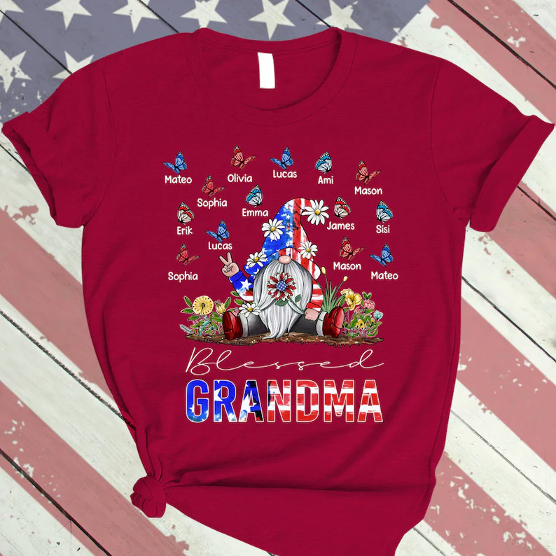 Personalized Grandma shirt, Gnome Nana Shirt 4th of July Shirt for Grandma Blessed Grandma With Grandkids Butterfly Falg Independence TShirt