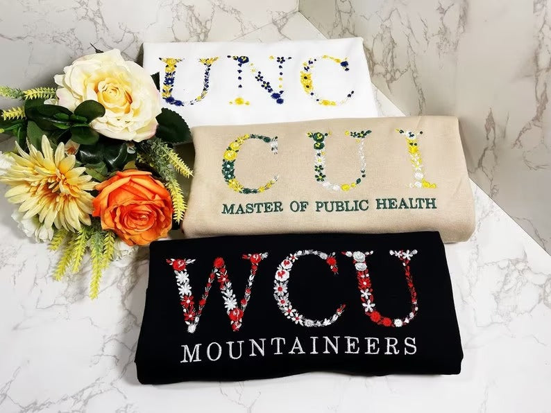 Customizable college floral embroidered crew neck shirt/hoodie