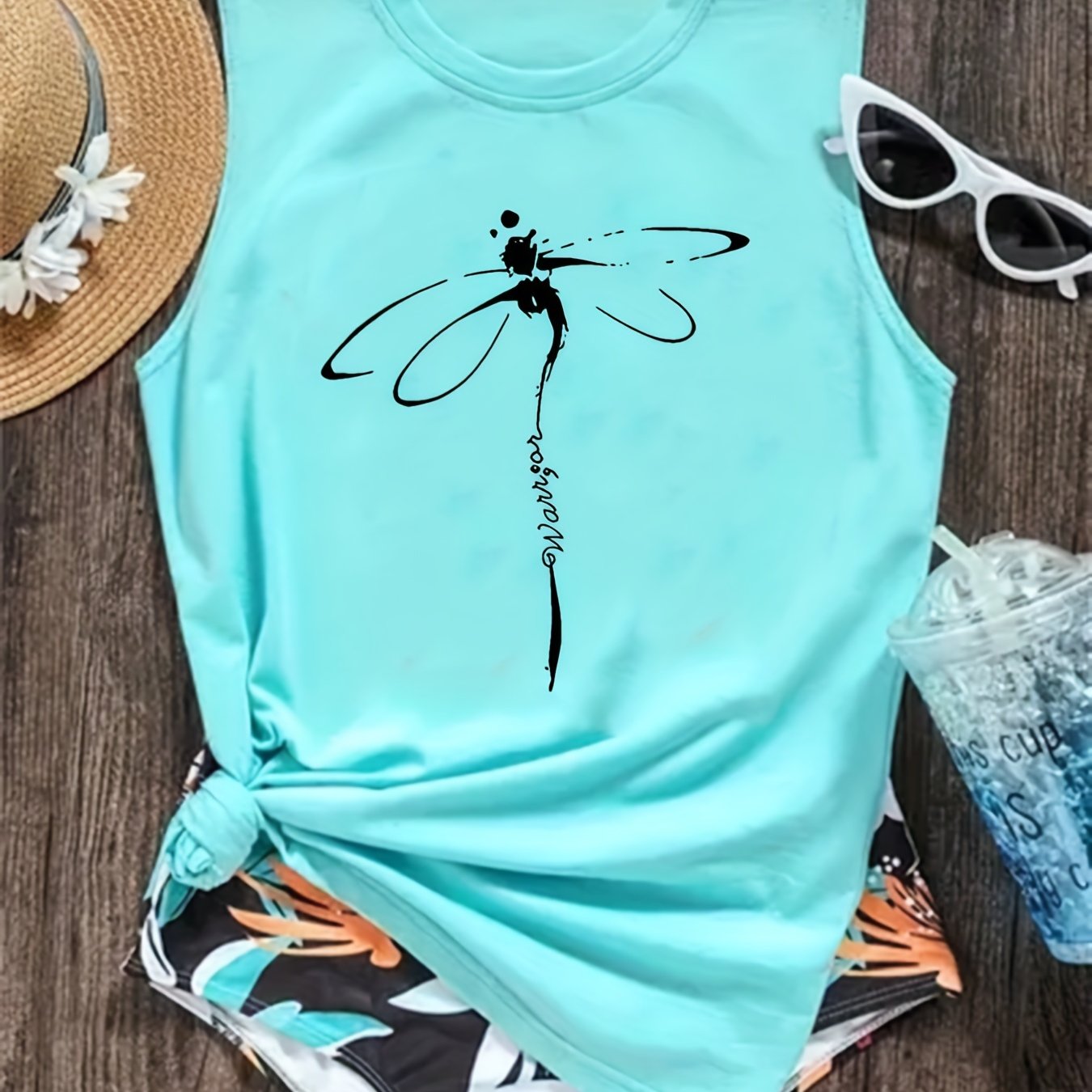 Dragonfly Print Tank Top, Casual Crew Neck Sleeveless Summer Tank Top, Women's Clothing