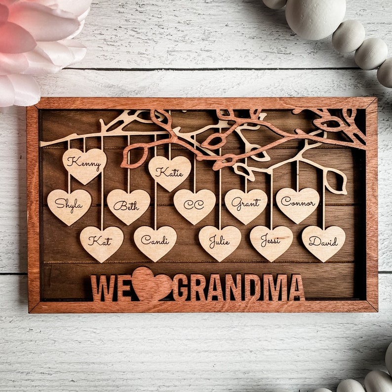 9 Names Family Tree Framed Sign Custom Wood Family Tree Sign - Hanging Hearts Family Tree