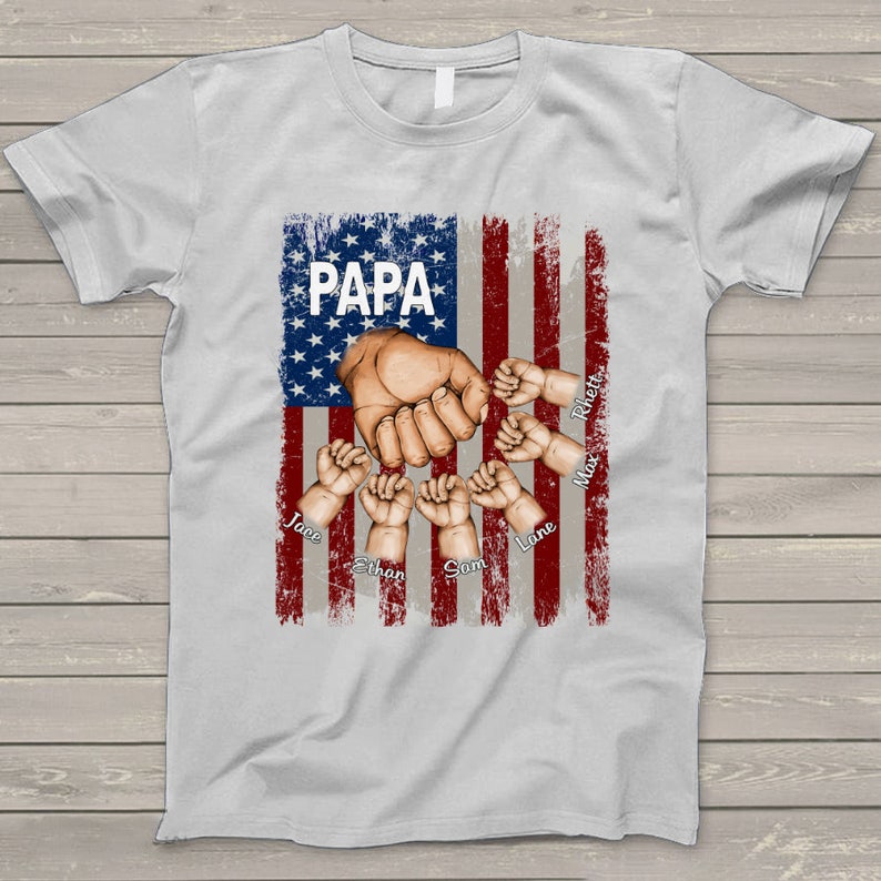 Personalized Papa Grandpa Shirt with Grandkids name Hands Flag T-Shirt