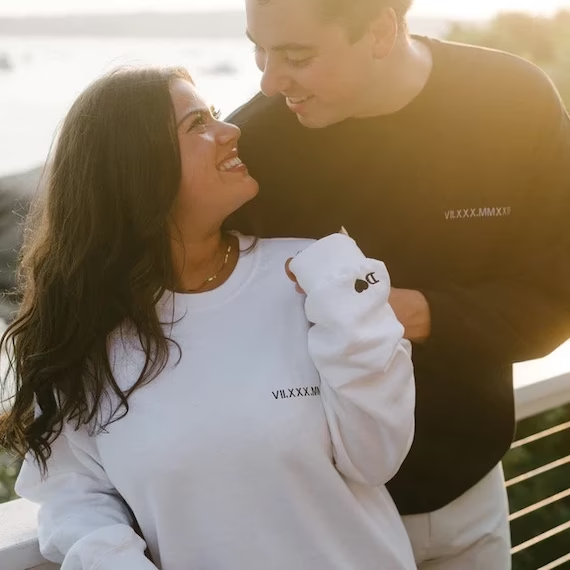 Custom Embroidered Roman Numeral Date Couple's Crewneck