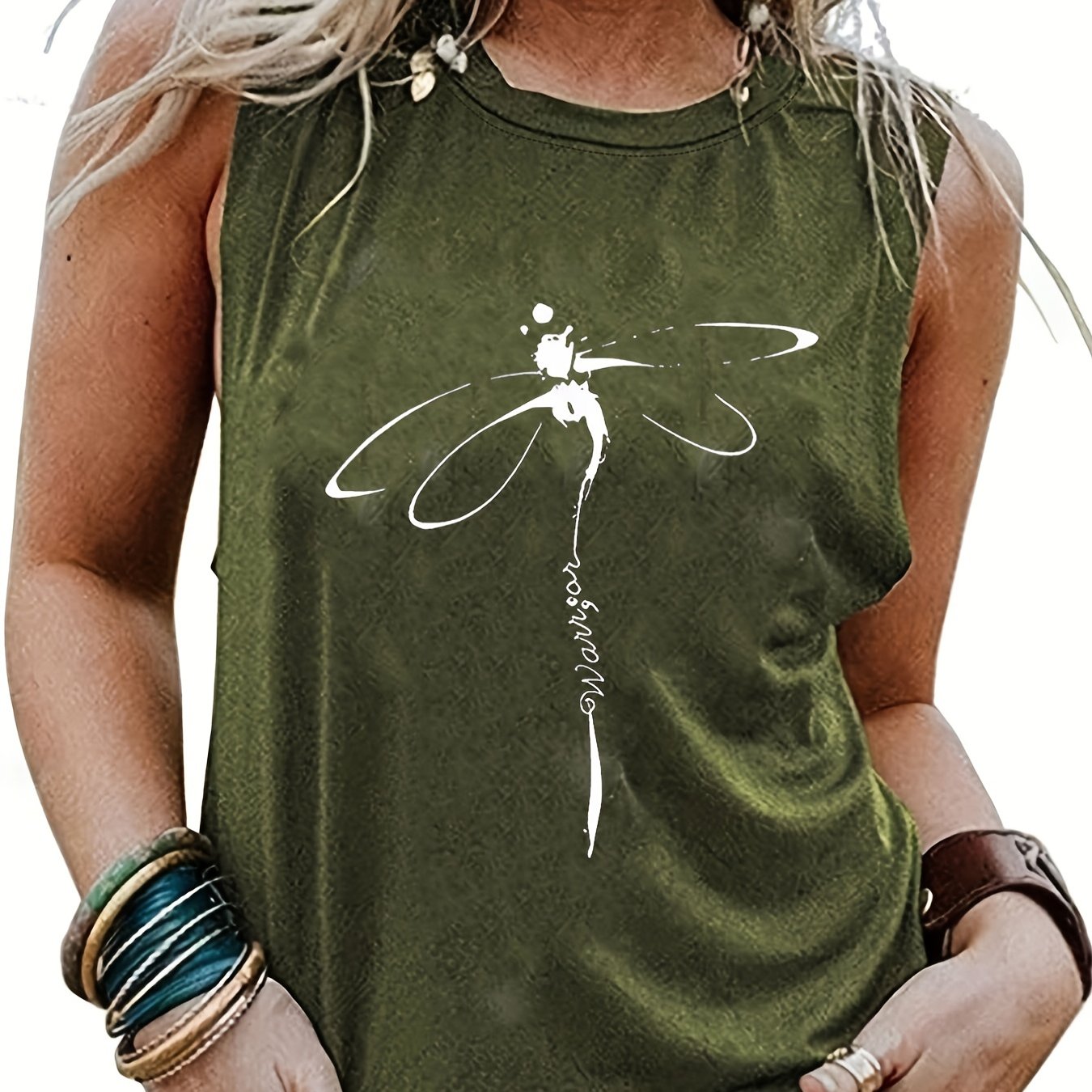Dragonfly Print Tank Top, Casual Crew Neck Sleeveless Summer Tank Top, Women's Clothing