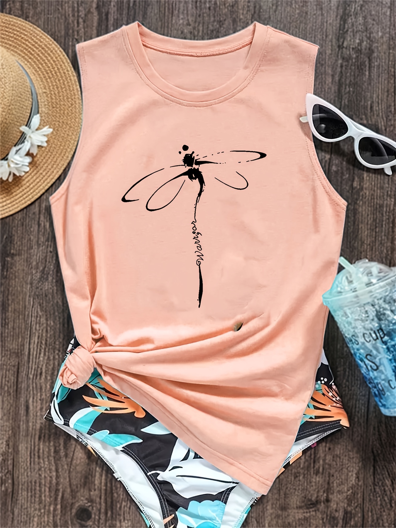 Dragonfly Print Tank Top, Casual Crew Neck Sleeveless Summer Tank Top, Women's Clothing