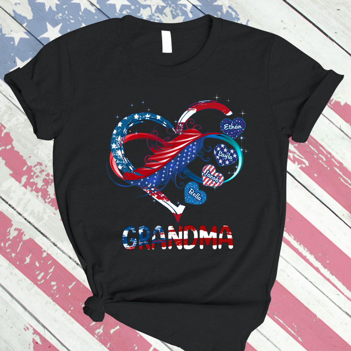 Grandma And Grandkids Hearts American Flag T-Shirt