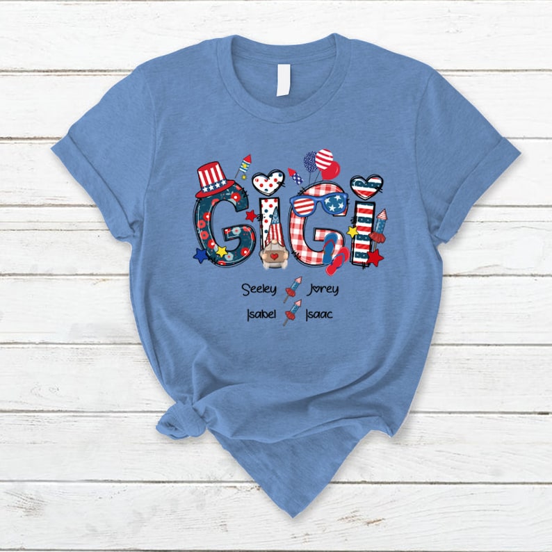 Personalized Gigi Shirt, Custom Gigi Sweatshirt with grandchild names, USA Gigi 4th of july Shirt Patriotic Doodles Pattern Version Tshirt