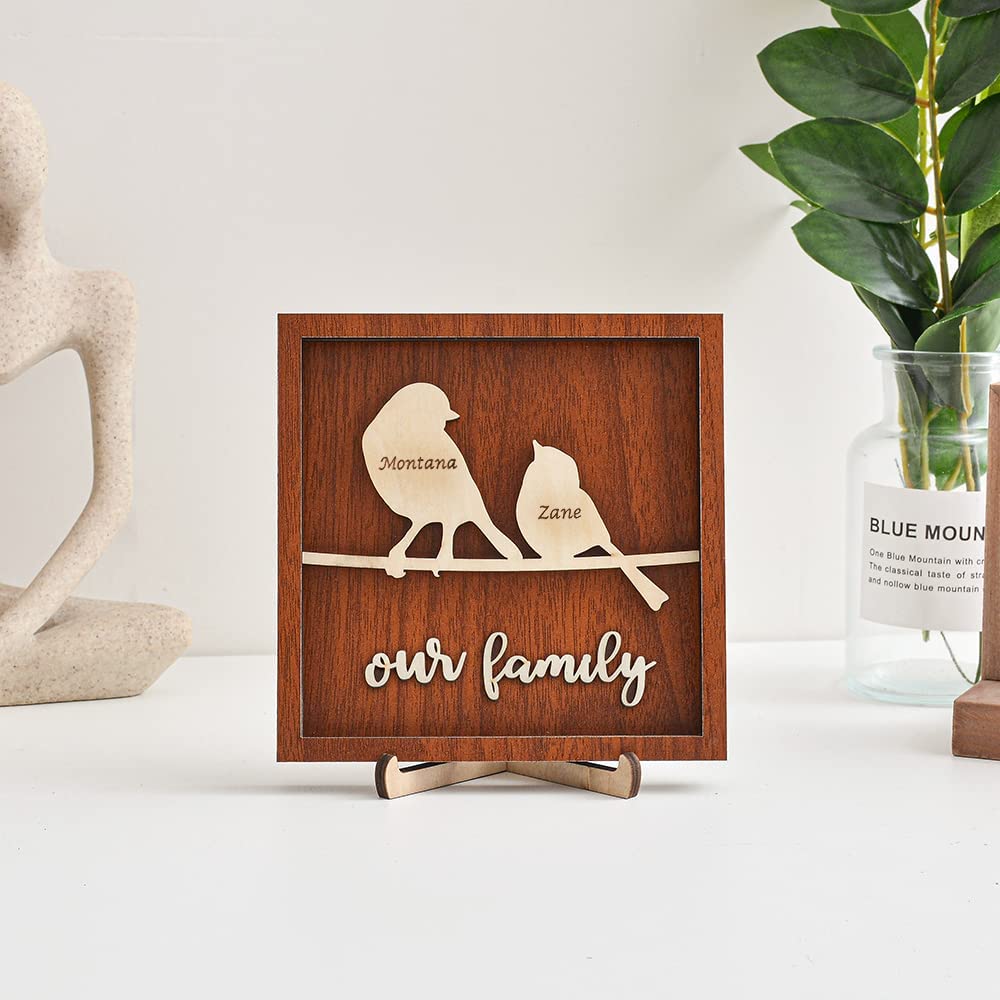 2 Names Personalized Family Tree Frame Wood Frame 2 Family Members Custom Text Bird Family Art Wooden Decor