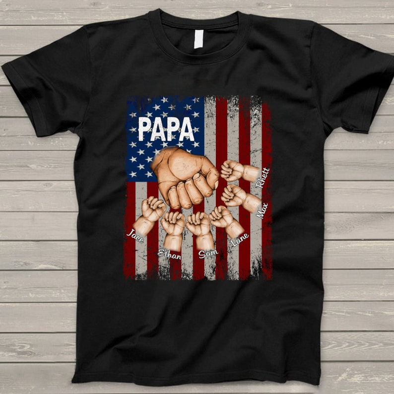 Personalized Papa Grandpa Shirt with Grandkids name Hands Flag T-Shirt