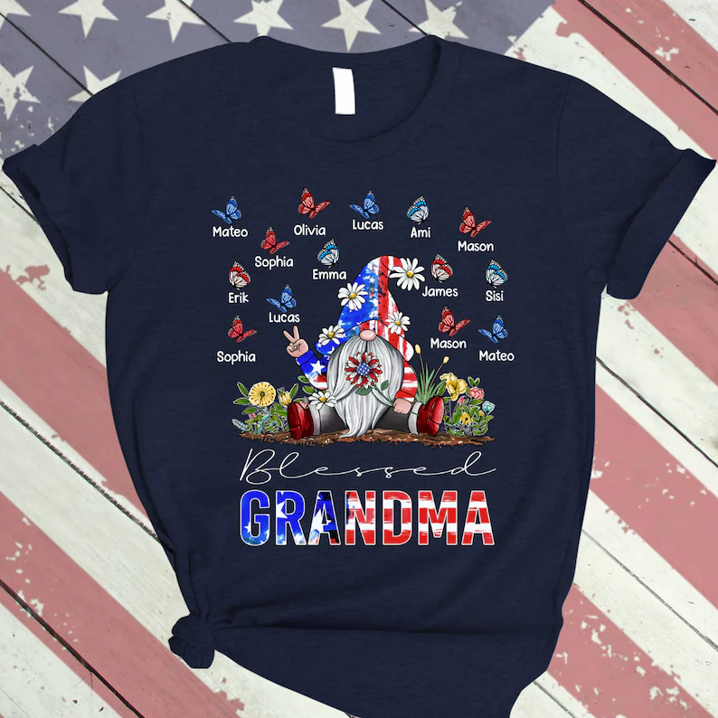 Personalized Grandma shirt, Gnome Nana Shirt 4th of July Shirt for Grandma Blessed Grandma With Grandkids Butterfly Falg Independence TShirt