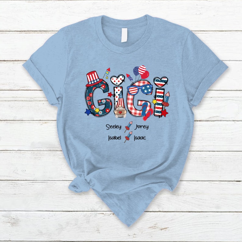 Personalized Gigi Shirt, Custom Gigi Sweatshirt with grandchild names, USA Gigi 4th of july Shirt Patriotic Doodles Pattern Version Tshirt