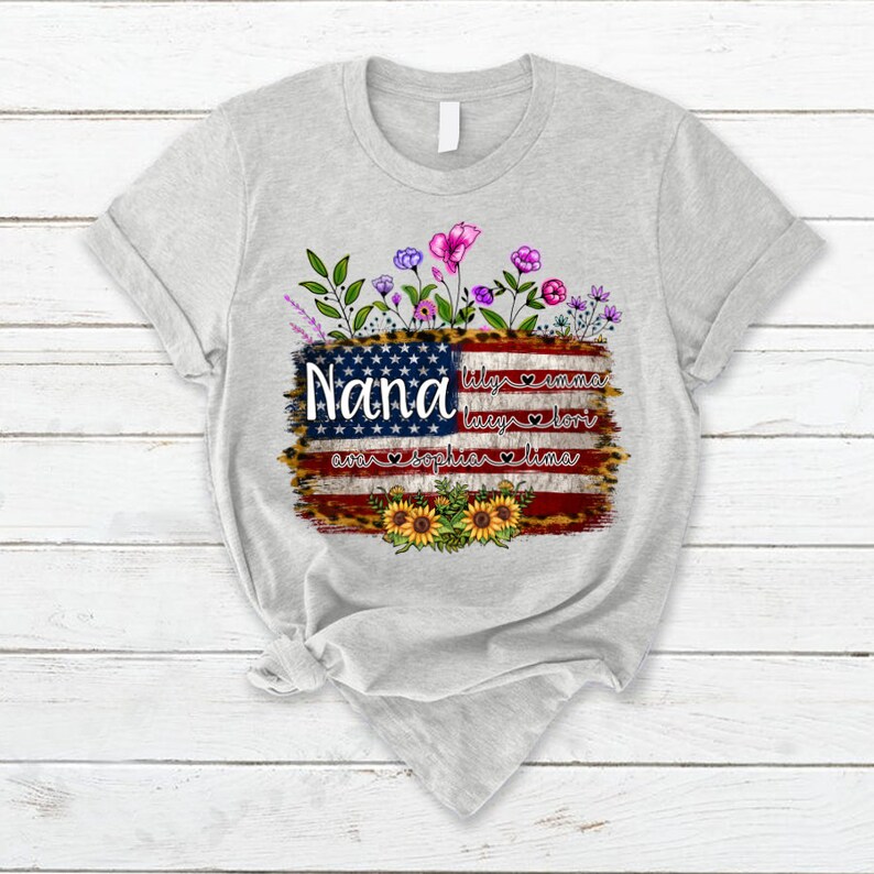 Personalized Grandma Shirt 4th of July Wildflower TShirt America Flag Custom Grandkid names Grandma Independence Day Shirt, Custom child