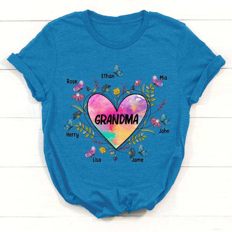 Personalized Grandma Shirt, Heart With Grandkids Flower Shirt