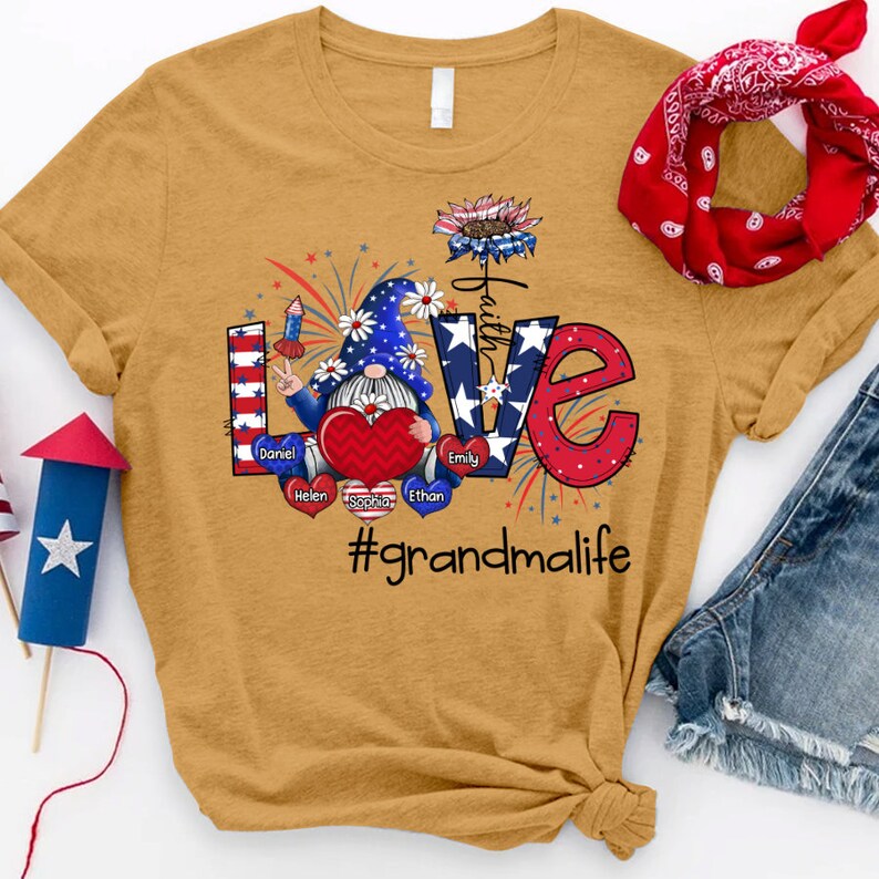 Personalized Grandma Shirt, Custom Gnomes Love Grandma Life Gnomes with Kid names, Grandma 4th of july Shirt Gnomes Tshirt, USA Gnomes Tee