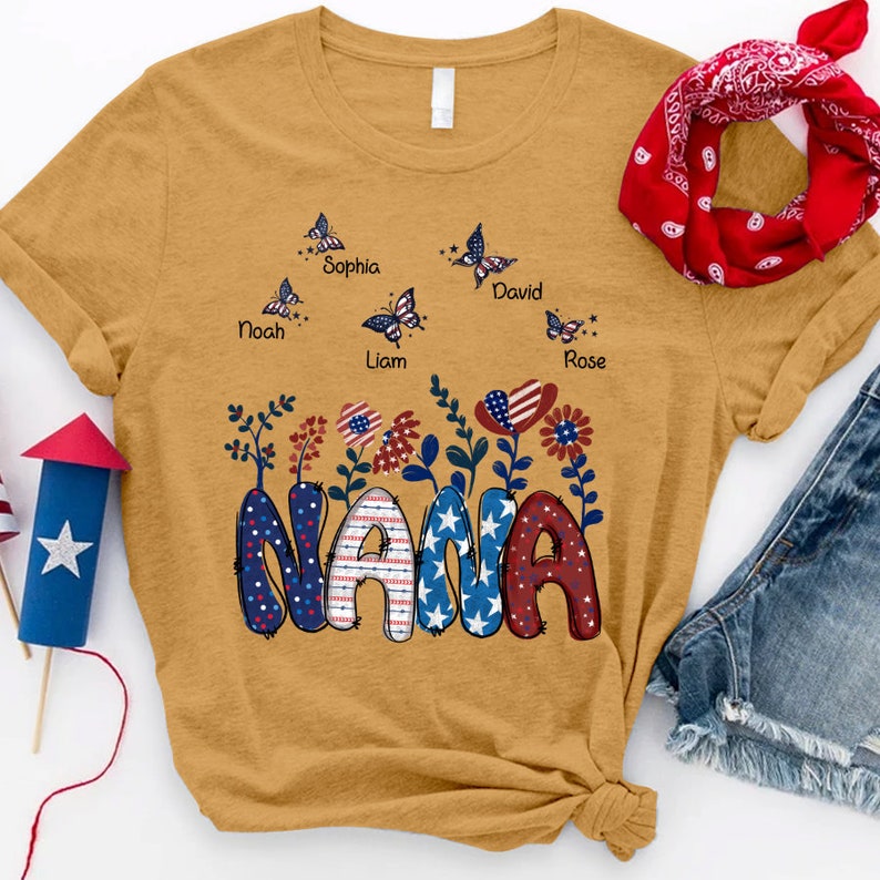 Personalized Nana Shirt, Custom 4th of july Nana with butterfly grandchild names