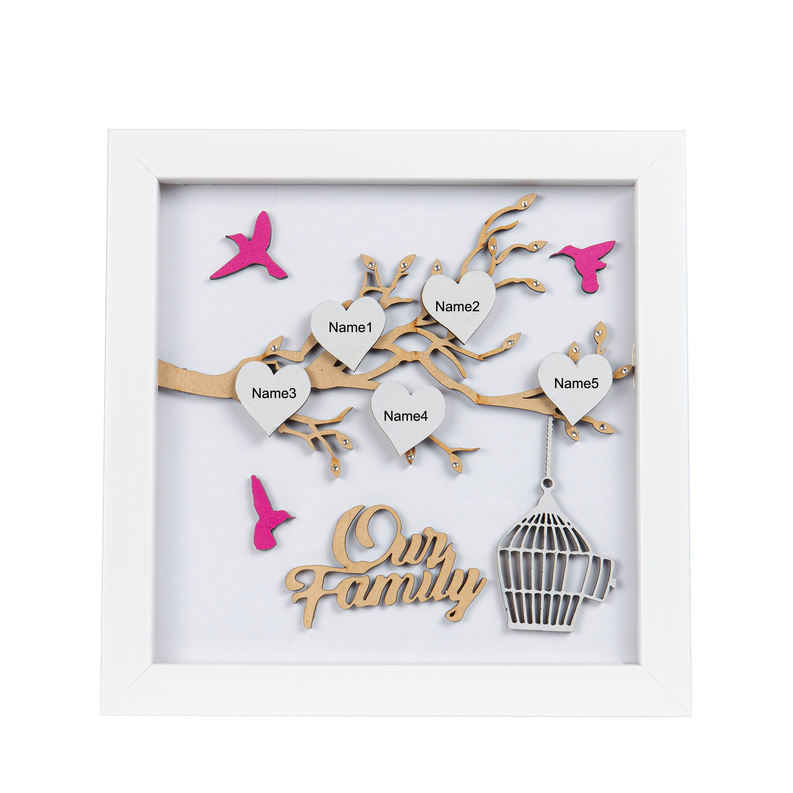 Personalized Family Tree Wood Frame with 5 Names Engraved on the "Heart", Our Family Tree LED Light Picture Frame