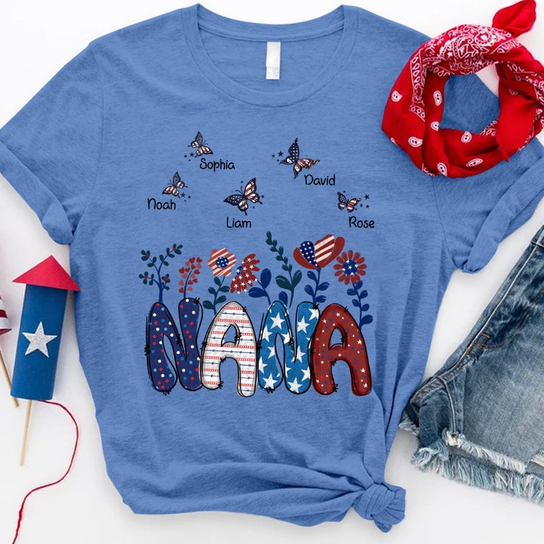 Personalized Nana Shirt, Custom 4th of july Nana with butterfly grandchild names