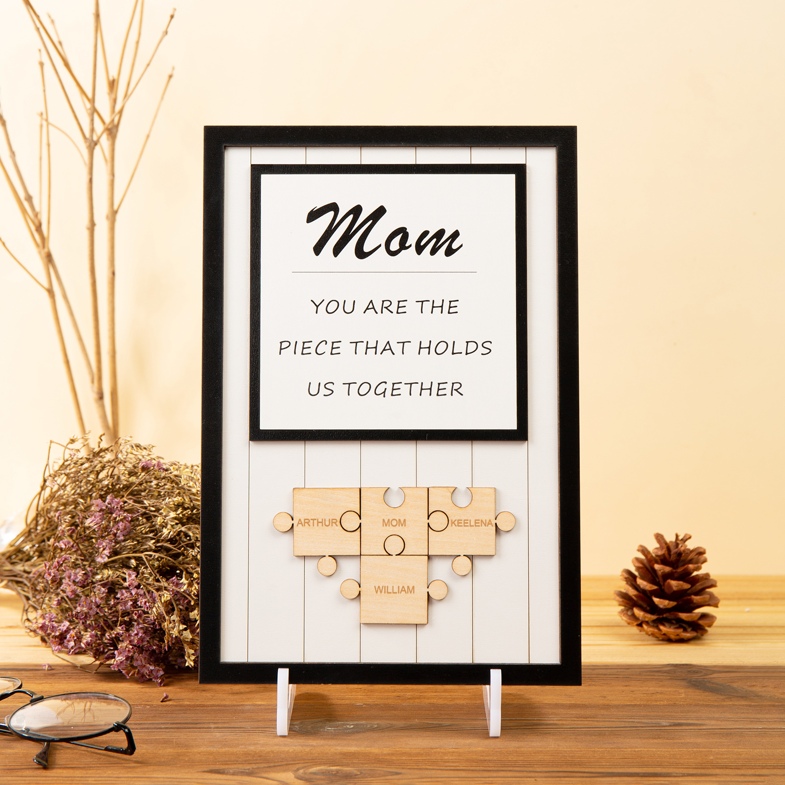 Personalized Mom Wooden Puzzle Sign Engraved with 9 Family Members, You Are the Piece That Holds Us All Together