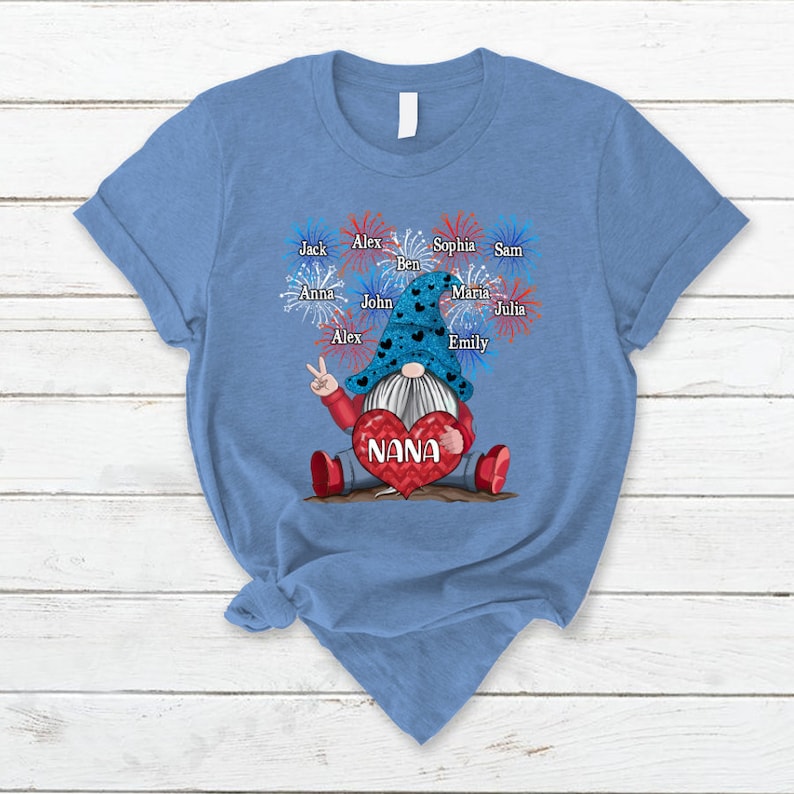 Personalized Grandma Nana Shirt Gnomes Firework Happy Independence Day T-Shirt, Nana Gnomes Tee for 4th of July up to 20 kids
