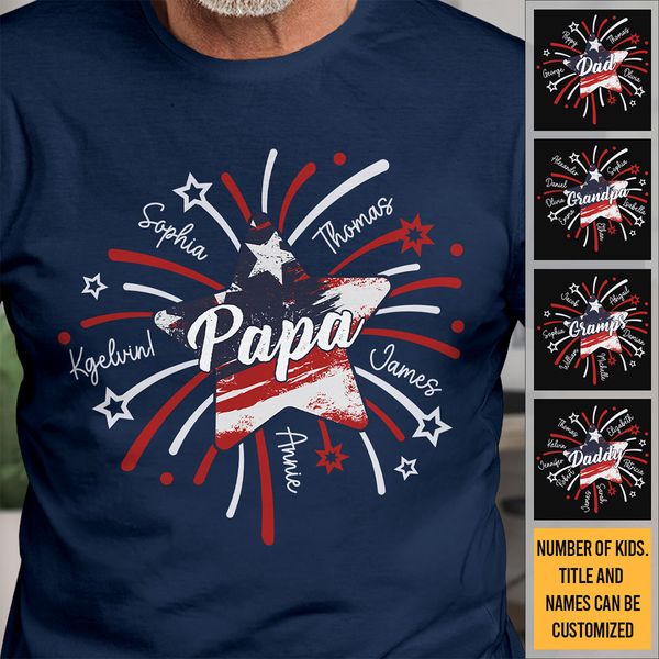 Papa & Kids Firework Star - Family Personalized Custom Unisex T-shirt 4th Of July, Birthday Gift For Dad, Grandpa