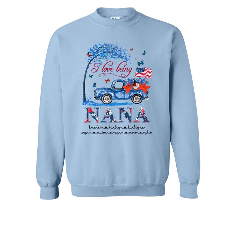 Personalized Grandma Sweatshirt USA Flag Flower, Custom names Grandma Truck Sweatshirt, Mimi Nana Sweatshirt, Blue Truck Custom Kiname Shirt