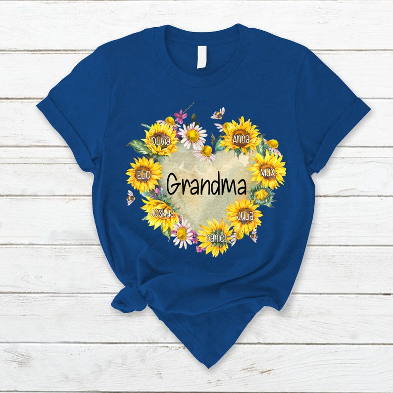 Personalized Grandma Shirt Hearts Sunflower T-Shirt with Custom Kidnames