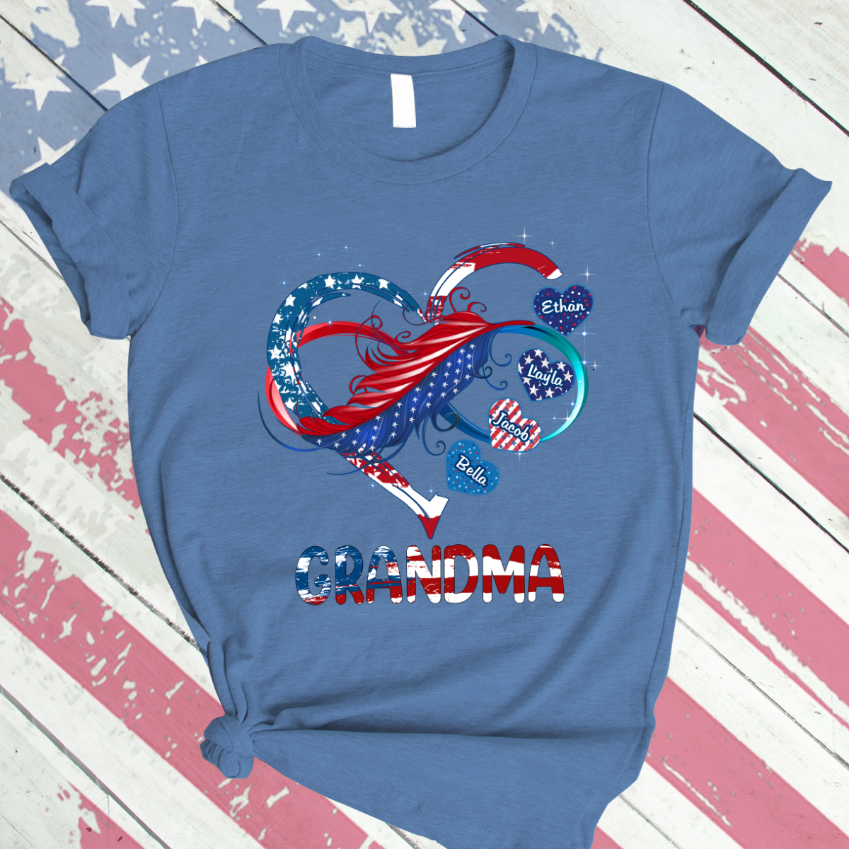 Grandma And Grandkids Hearts American Flag T-Shirt