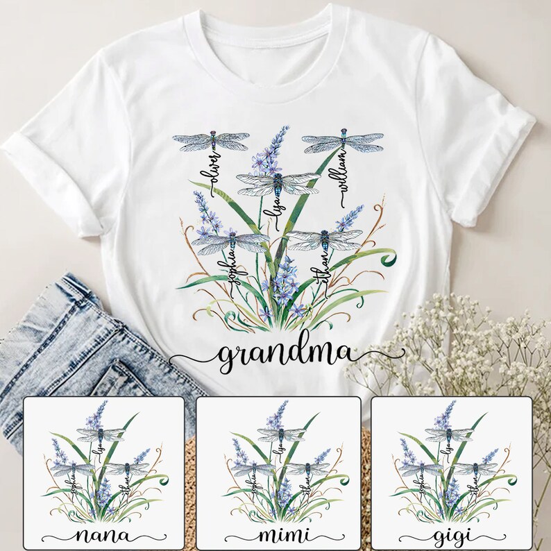 Personalized Nana Dragonfly Shirt, Personalized Grandma With Grandkids Names T-Shirt