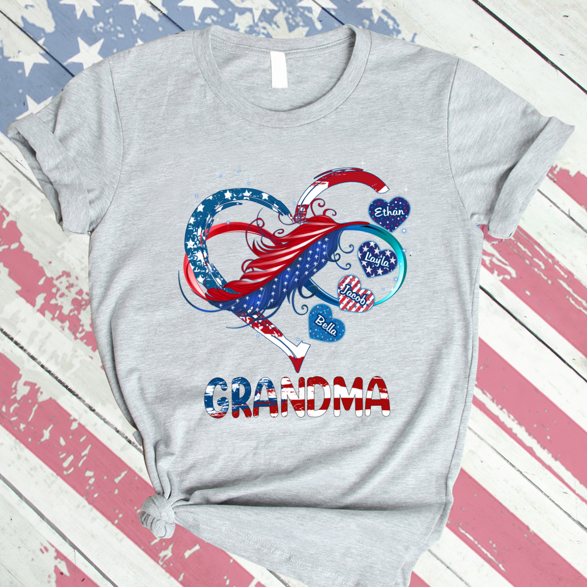 Grandma And Grandkids Hearts American Flag T-Shirt